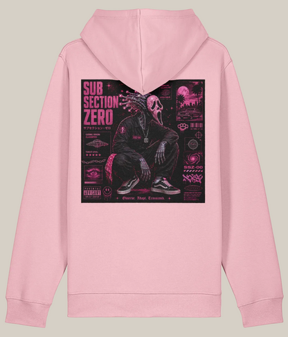 Pink hoodie with a graphic design on the back on a white background