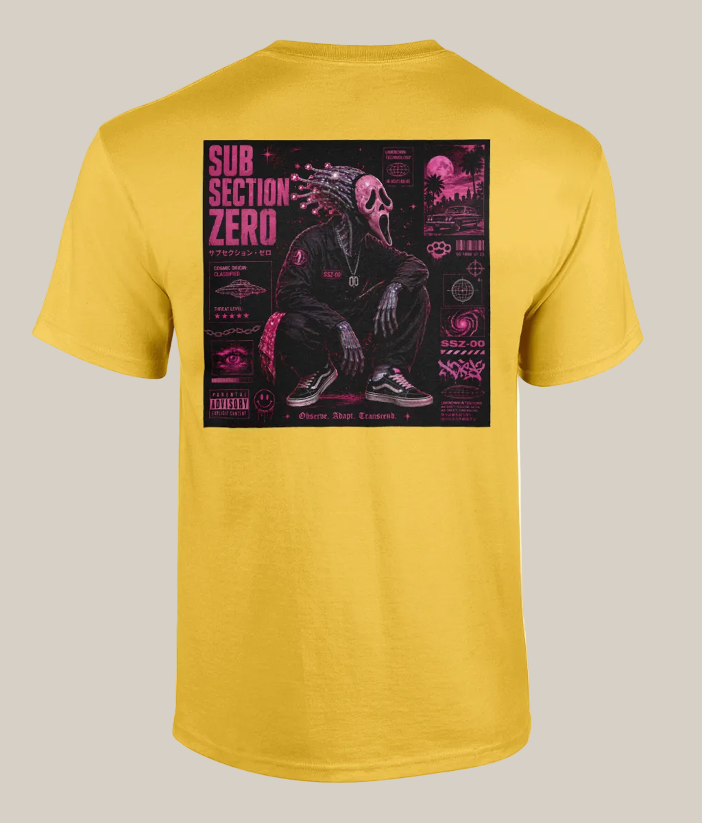 Yellow t-shirt with a graphic design on the back featuring a skeleton and text.