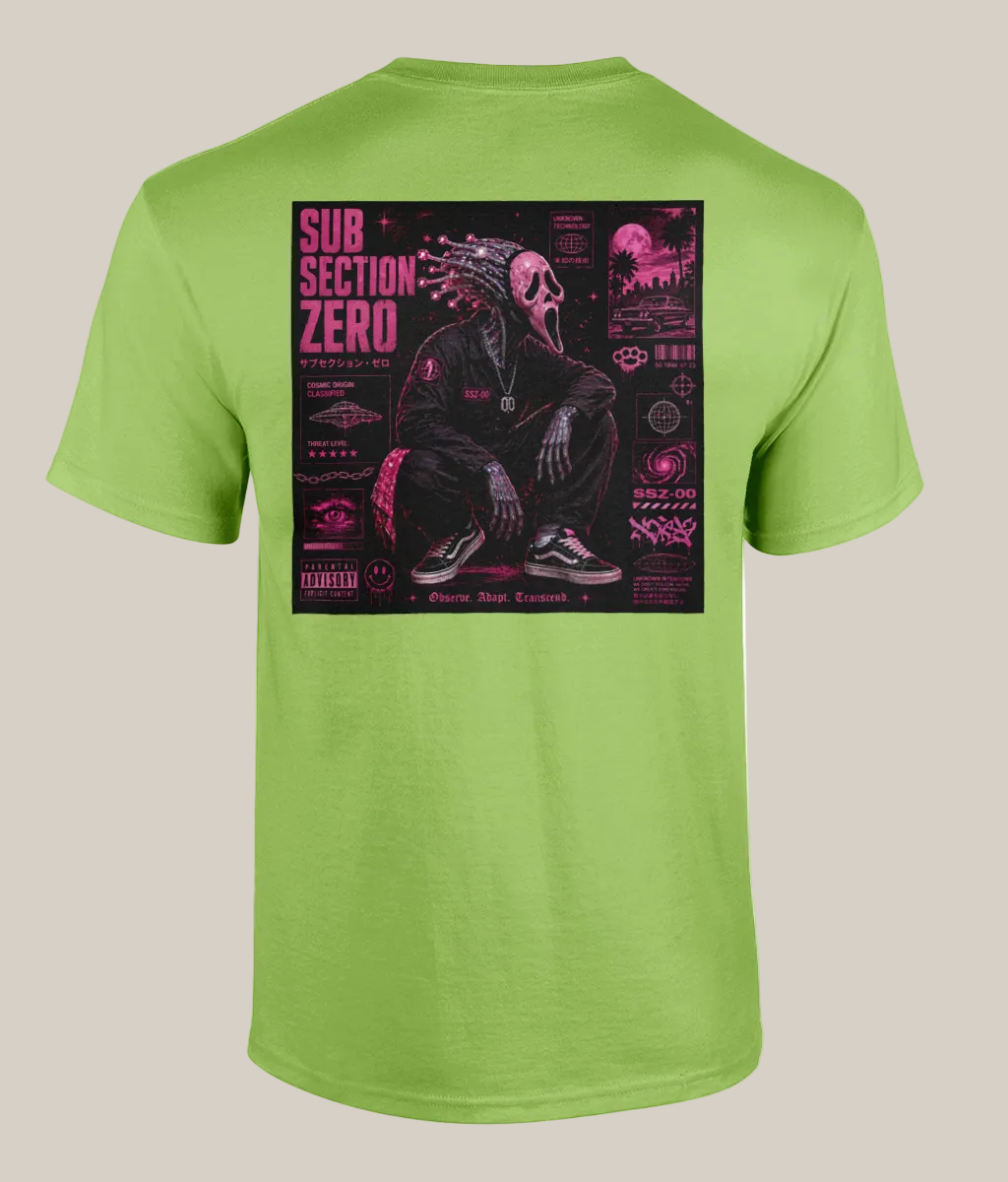 Green t-shirt with a graphic design on the back featuring a skeleton and text.