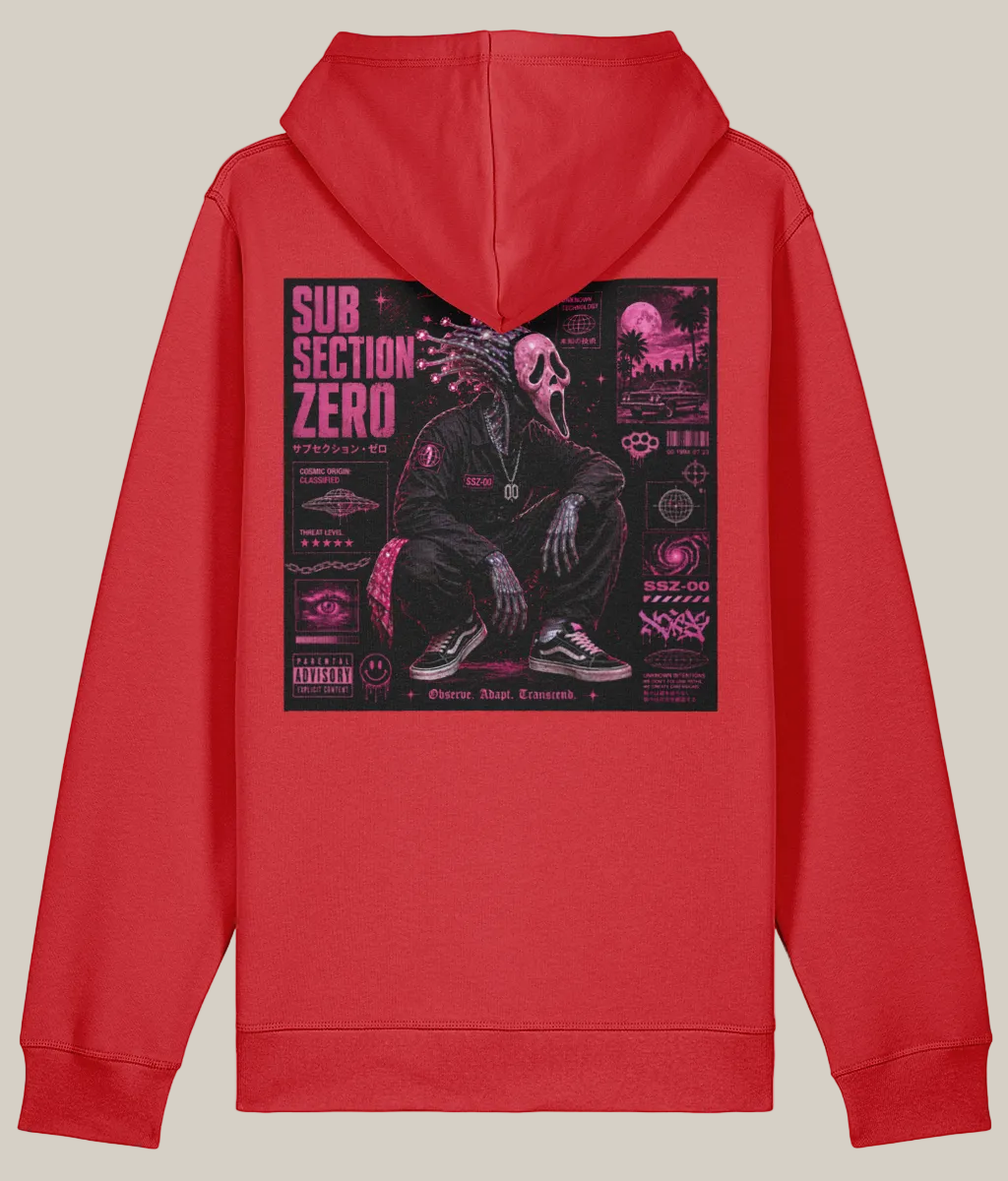 Red hoodie with graphic design on the back on a white background