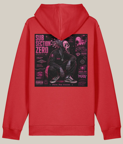 Red hoodie with graphic design on the back on a white background