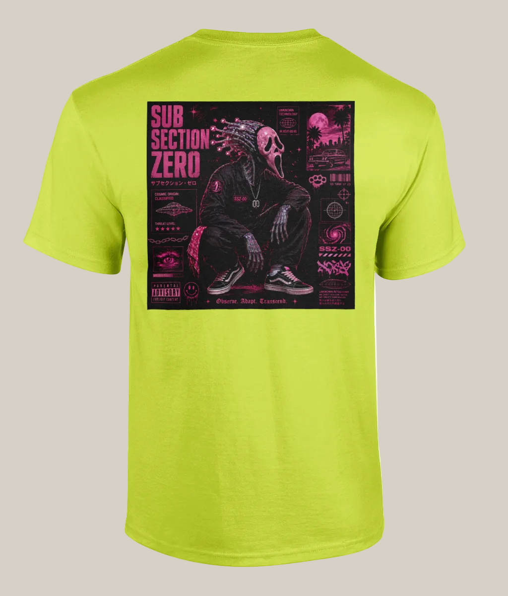 Lime green t-shirt with a graphic design on the back featuring a skeleton and text.