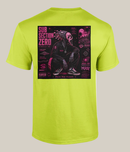 Lime green t-shirt with a graphic design on the back featuring a skeleton and text.