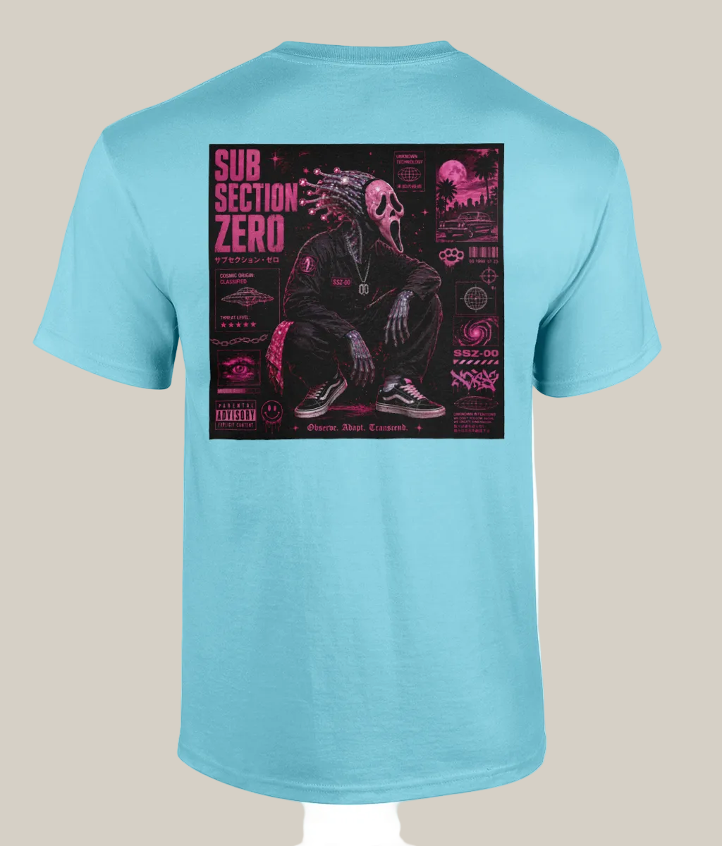 Light blue t-shirt with a graphic design on the back featuring a skeleton and text.