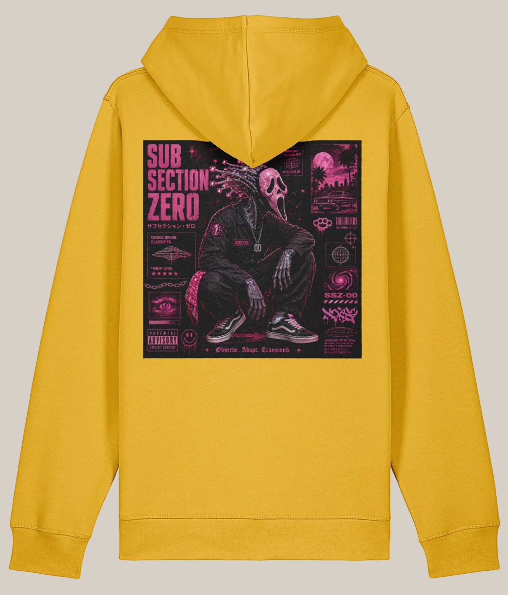 Yellow hoodie with a graphic design on the back on a white background