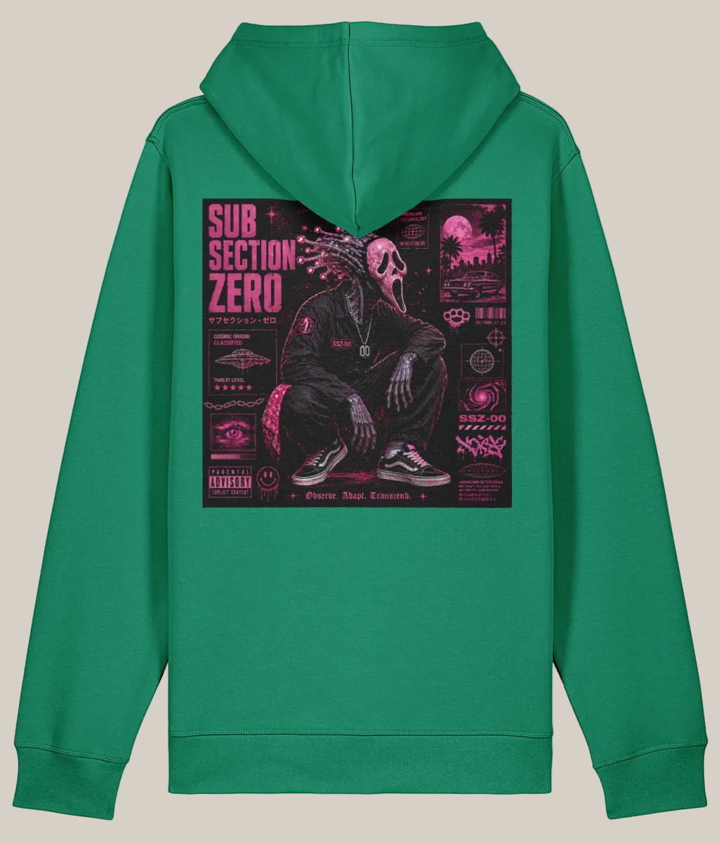 Green hoodie with a graphic design on the back on a white background