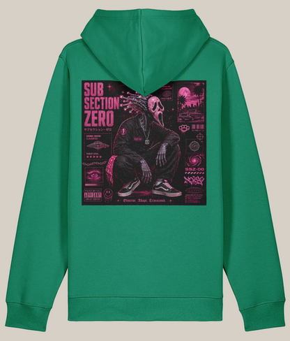 Green hoodie with a graphic design on the back on a white background