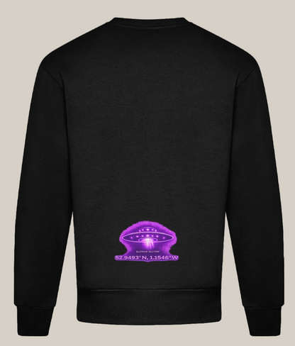 Black sweatshirt with a purple alien spaceship design on the back against a white background