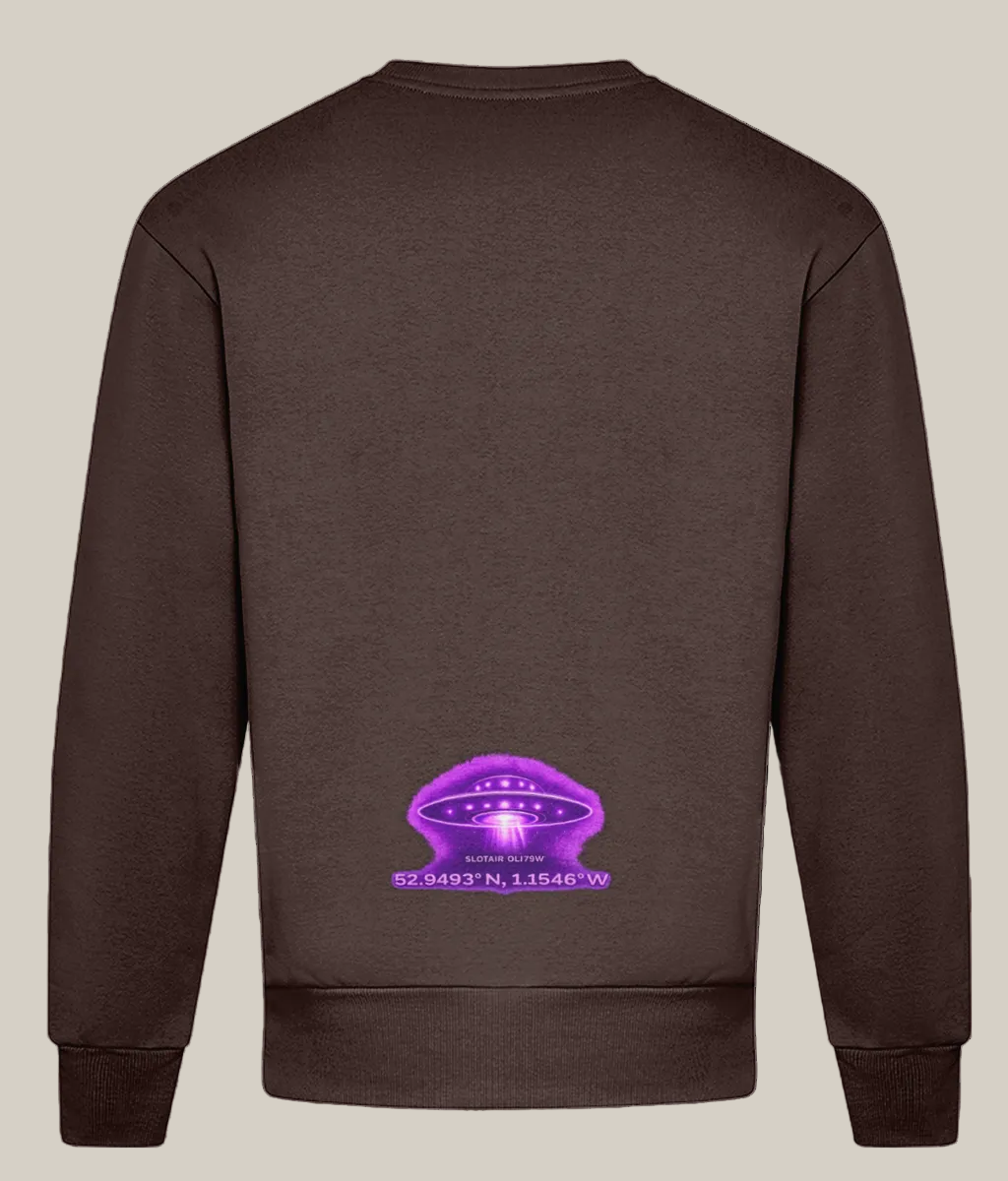 Brown sweatshirt with a purple UFO graphic on the back against a white background