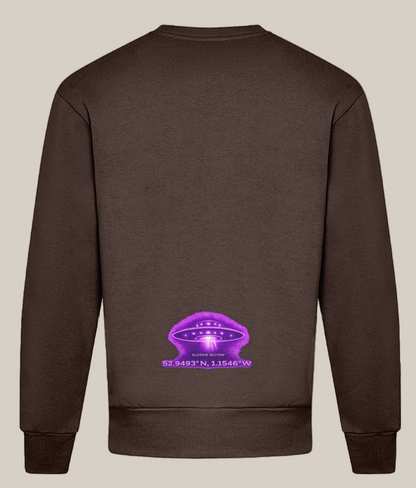 Brown sweatshirt with a purple UFO graphic on the back against a white background