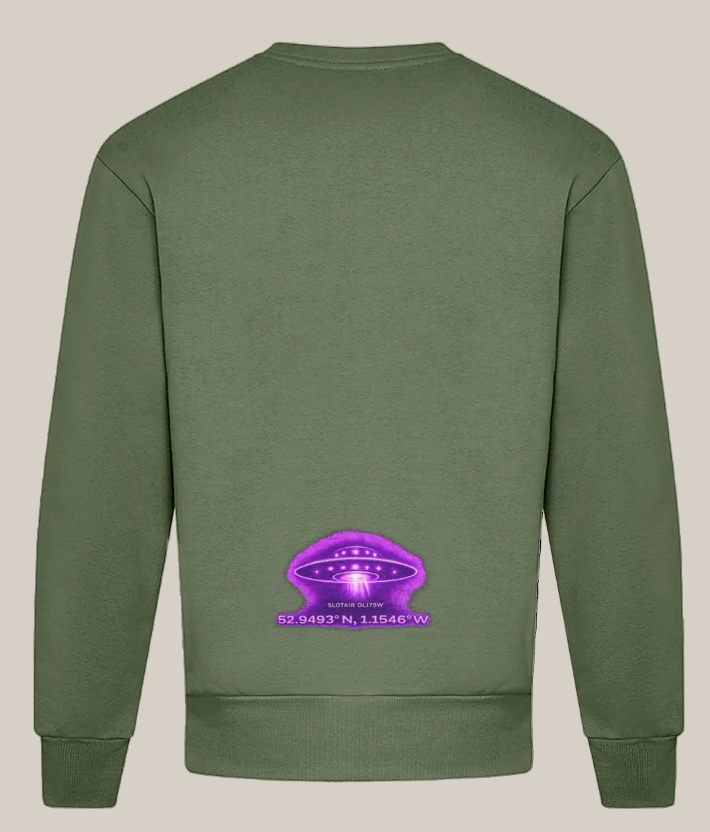 Green sweatshirt with a purple UFO design on the back against a white background