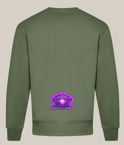 Green sweatshirt with a purple UFO design on the back against a white background