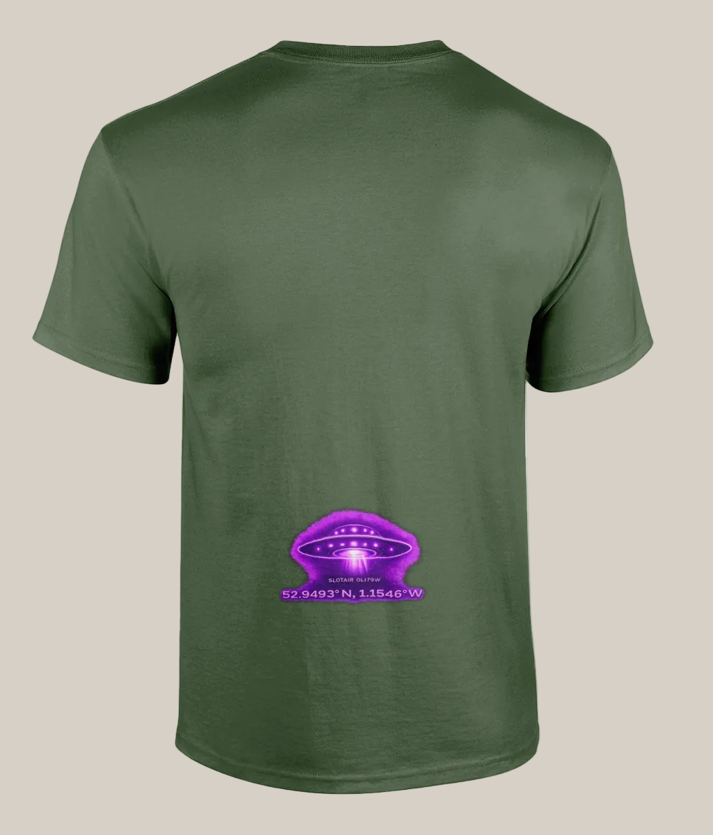 Green t-shirt with a purple UFO graphic on the back against a white background