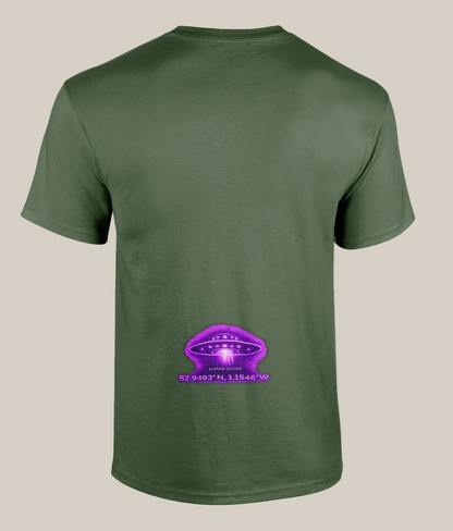 Green t-shirt with a purple UFO graphic on the back against a white background