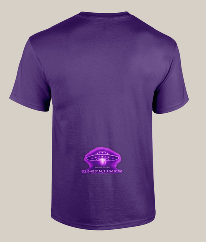 Purple t-shirt with a UFO graphic and coordinates on a white background