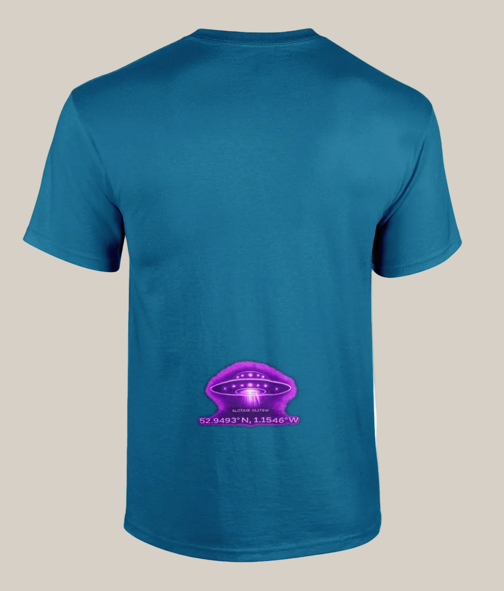 Blue t-shirt with a purple UFO graphic on the back against a white background