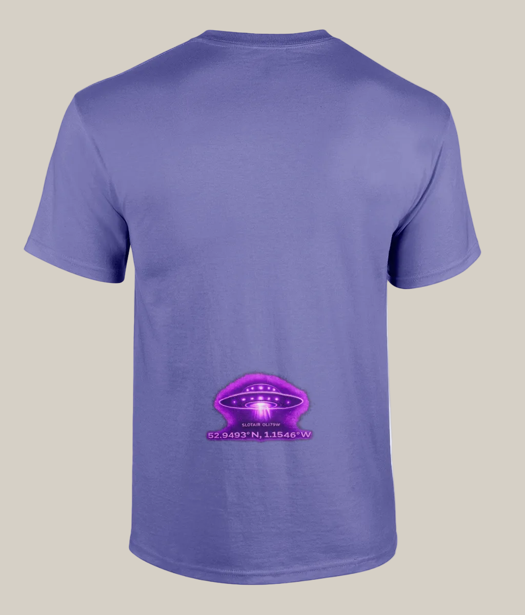 Purple t-shirt with a UFO graphic and coordinates on a white background