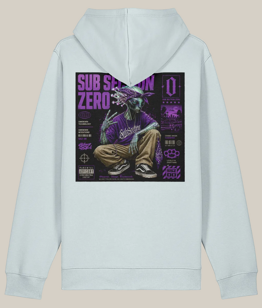 Light gray hoodie with a graphic design on the back featuring a person in a purple outfit and text.