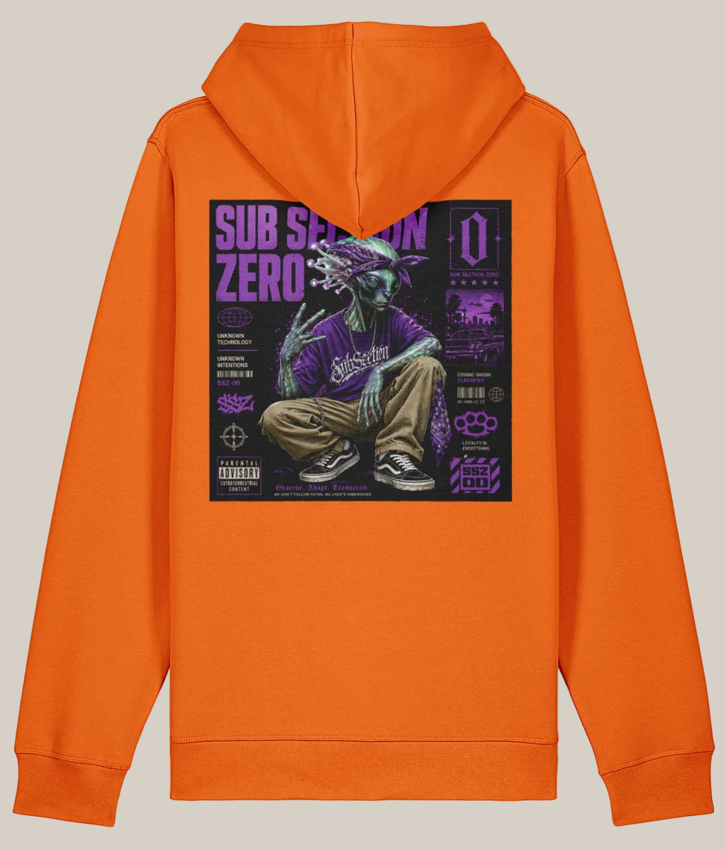 Orange hoodie with a graphic design on the back featuring a character in a purple outfit.