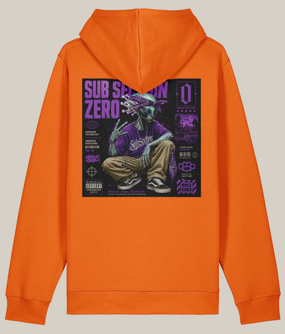 Orange hoodie with a graphic design on the back featuring a character in a purple outfit.
