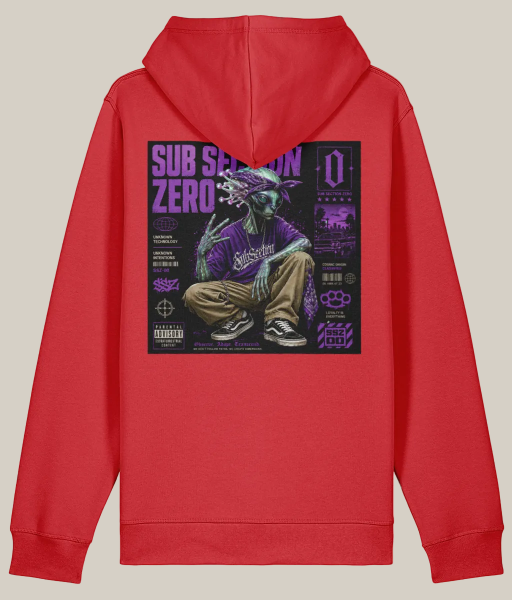 Red hoodie with a graphic design on the back against a white background