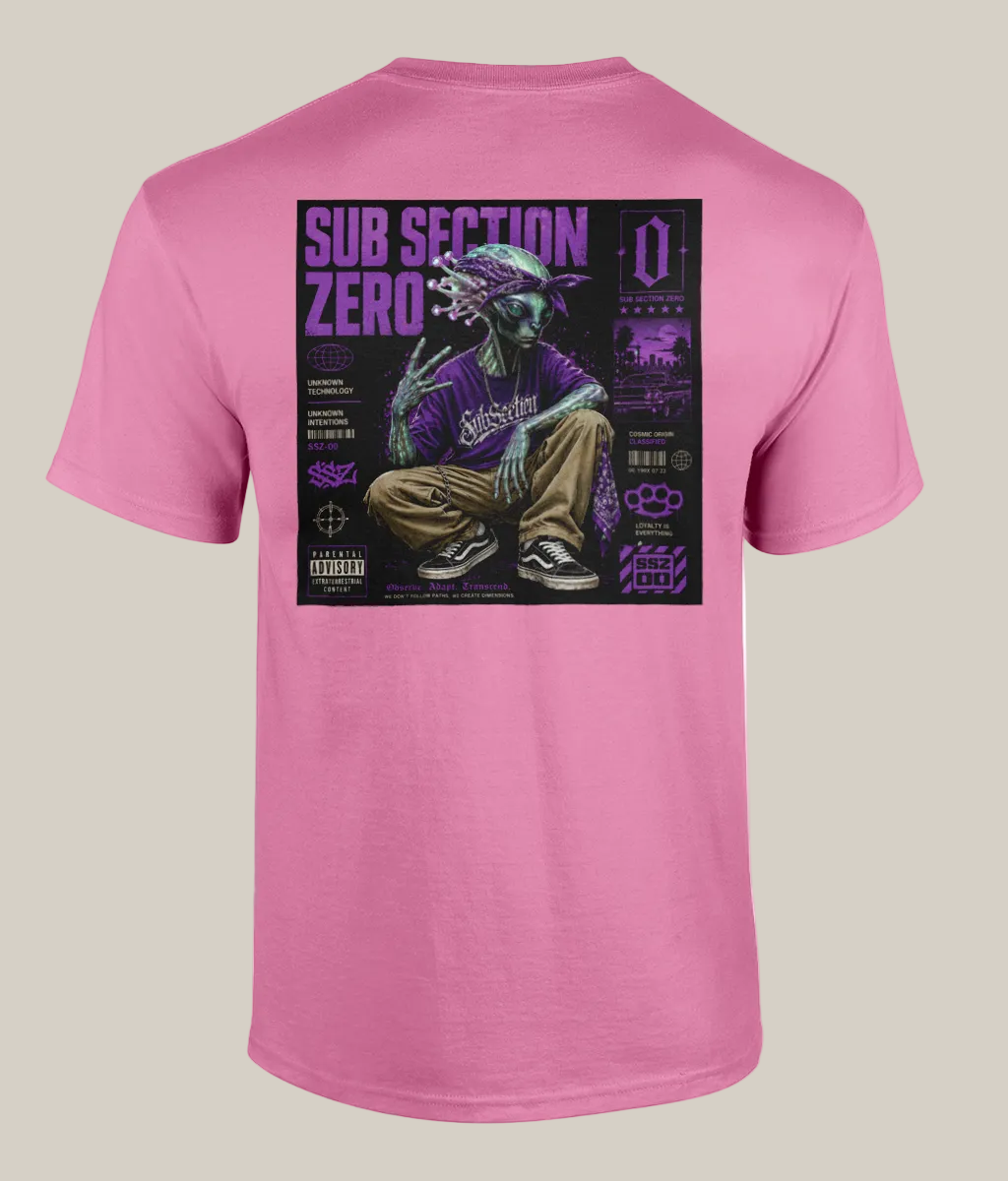 Pink t-shirt with a graphic design on the back featuring a person and text.