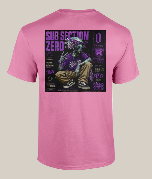 Pink t-shirt with a graphic design on the back featuring a person and text.