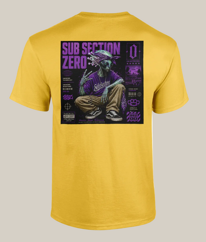 Yellow t-shirt with a graphic design on the back featuring a person and text.