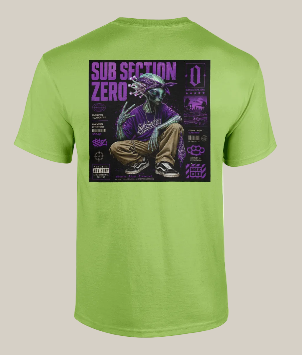 Green t-shirt with a graphic design on the back featuring a person in a purple outfit and text.