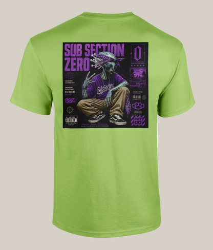 Green t-shirt with a graphic design on the back featuring a person in a purple outfit and text.