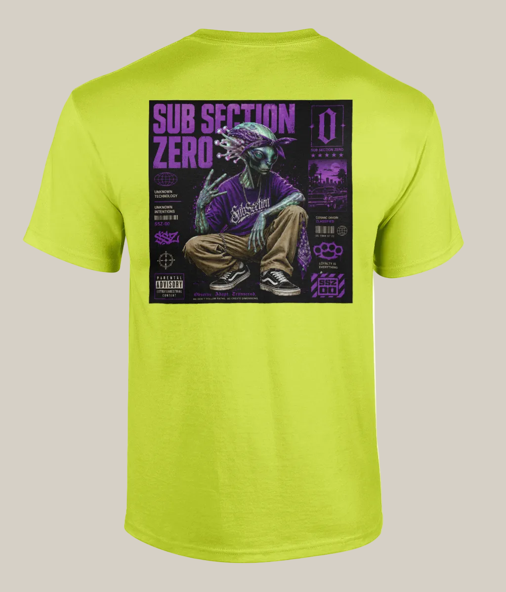 Yellow t-shirt with a graphic design on the back featuring a person in a purple outfit and text.