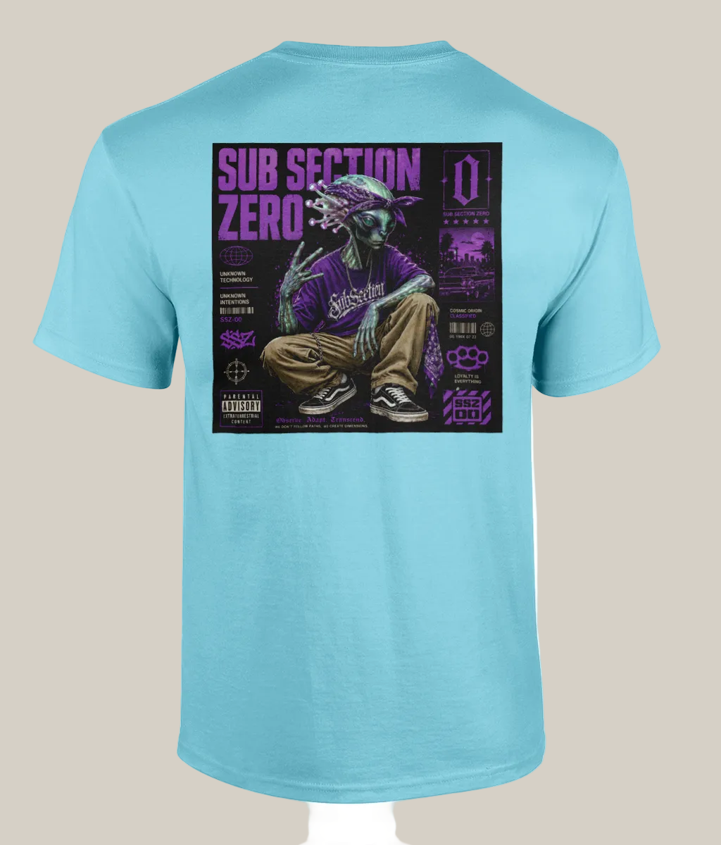Light blue t-shirt with a graphic design on the back featuring a person in a purple outfit and text.