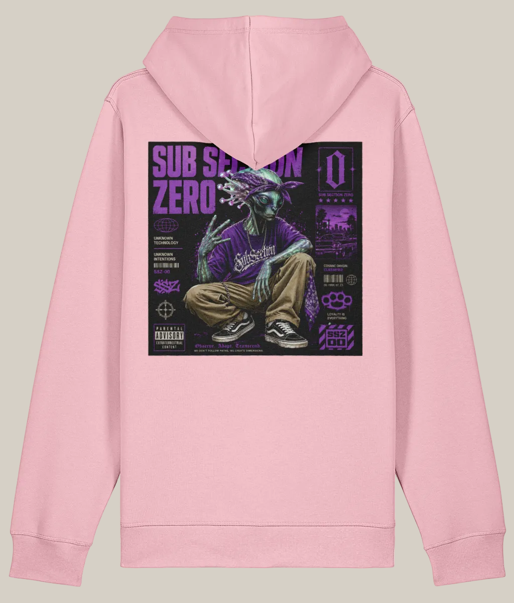 Pink hoodie with a graphic design on the back featuring a character in a purple outfit.