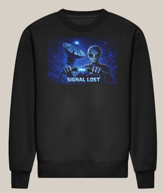 Black sweatshirt with alien graphic and 'Signal Lost' text on a white background