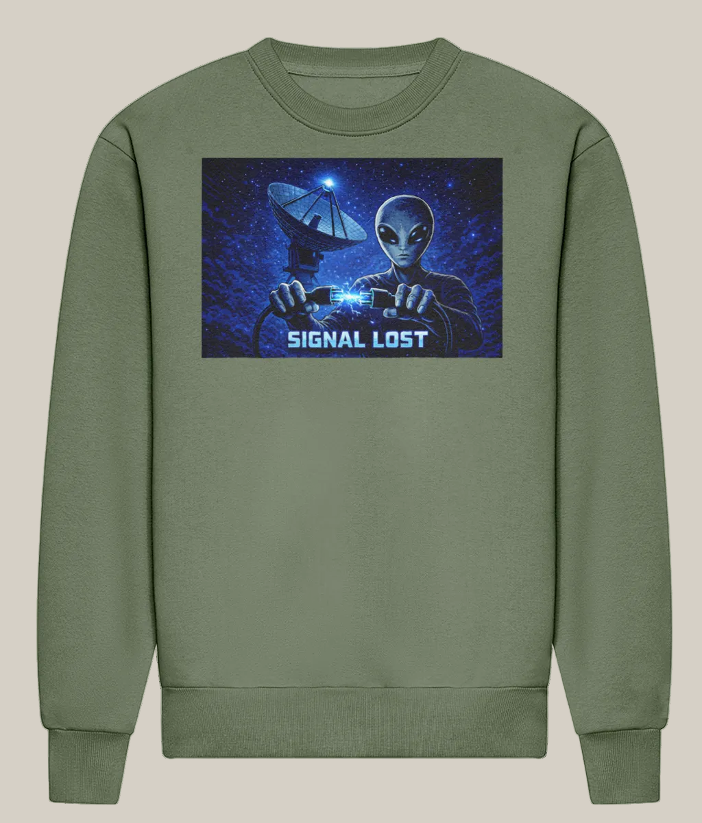 Green sweatshirt with alien graphic and 'Signal Lost' text on a white background