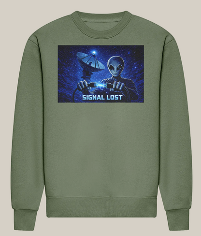 Green sweatshirt with alien graphic and 'Signal Lost' text on a white background
