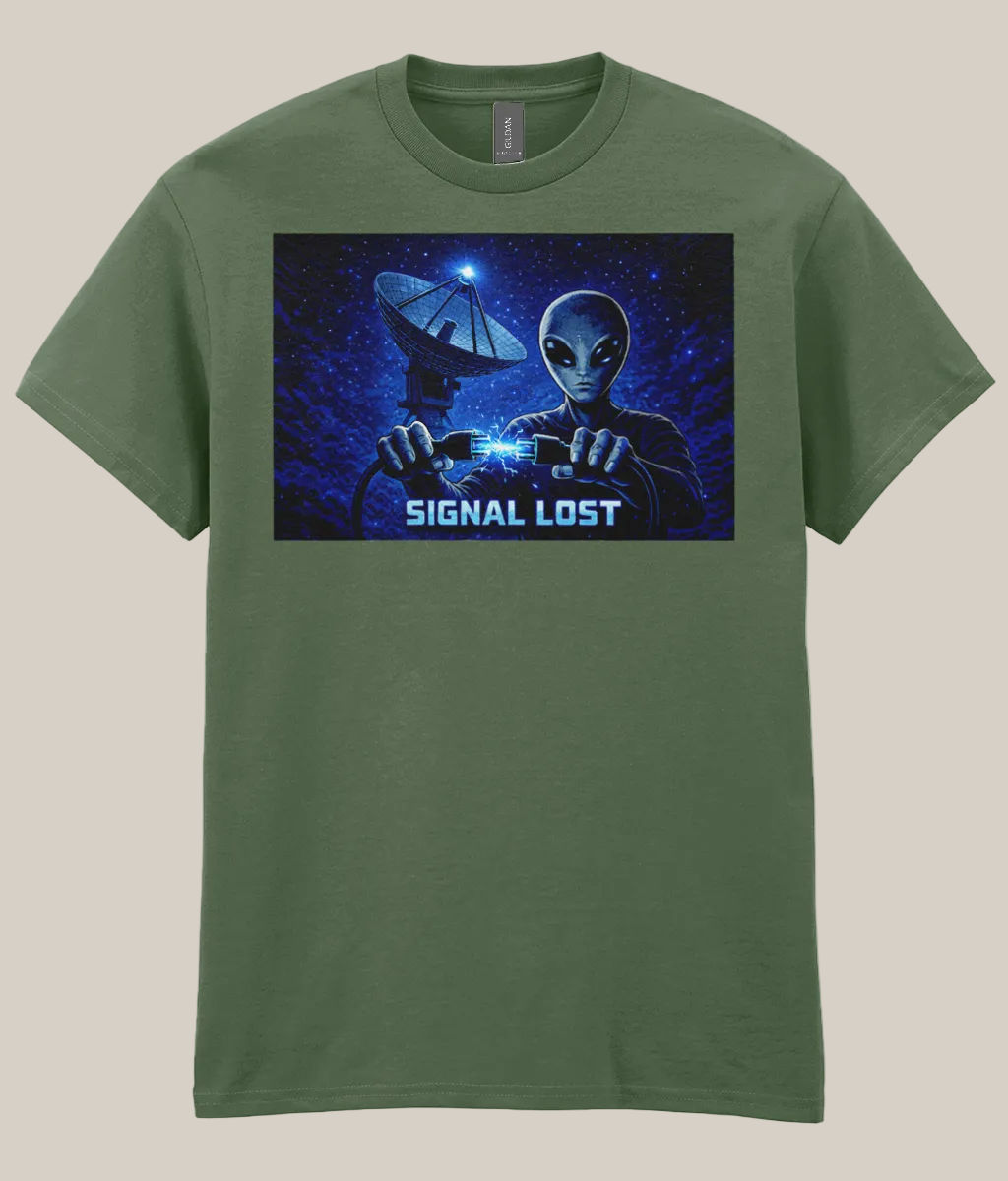 Green t-shirt with alien and satellite graphic and 'Signal Lost' text on a white background