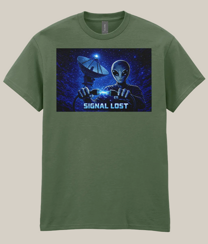 Green t-shirt with alien and satellite graphic and 'Signal Lost' text on a white background