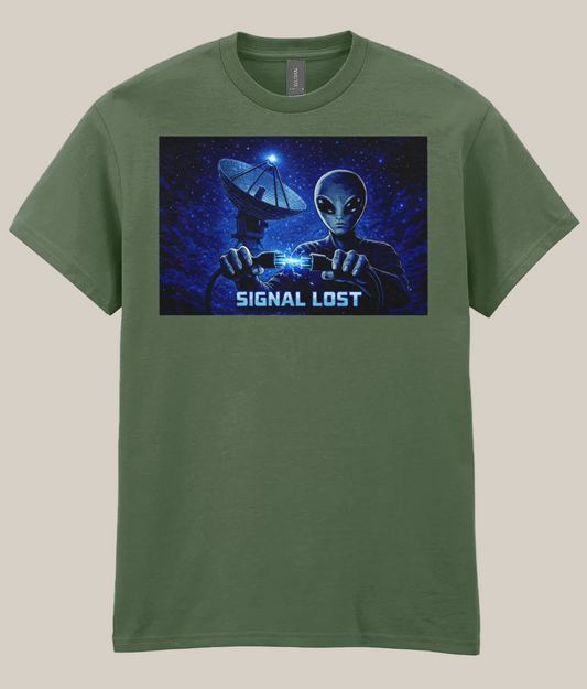 Green t-shirt with alien and satellite graphic and 'Signal Lost' text on a white background