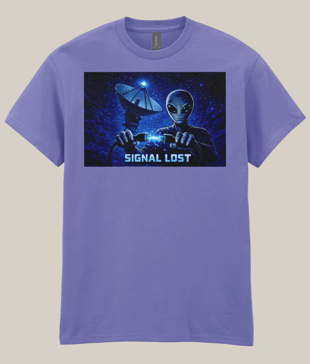 Purple t-shirt with alien graphic and 'Signal Lost' text on a white background