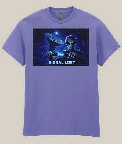 Purple t-shirt with alien graphic and 'Signal Lost' text on a white background