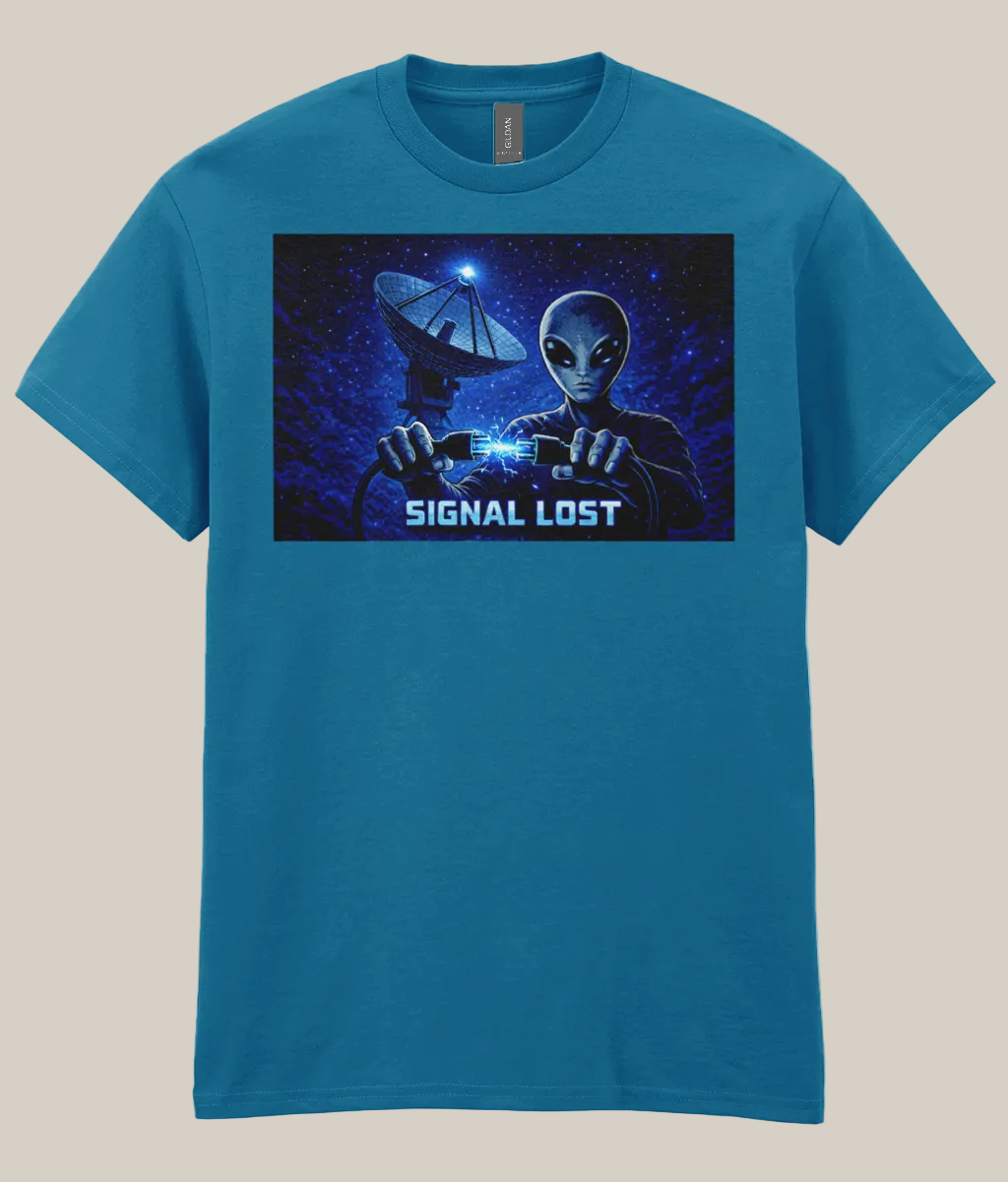 Blue t-shirt with alien holding a satellite dish graphic and 'Signal Lost' text on a white background