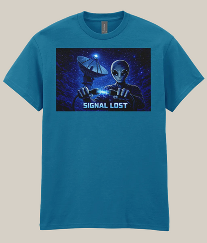 Blue t-shirt with alien holding a satellite dish graphic and 'Signal Lost' text on a white background