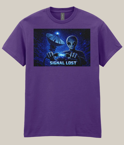 Purple t-shirt with an alien holding a satellite dish and 'Signal Lost' text on a white background