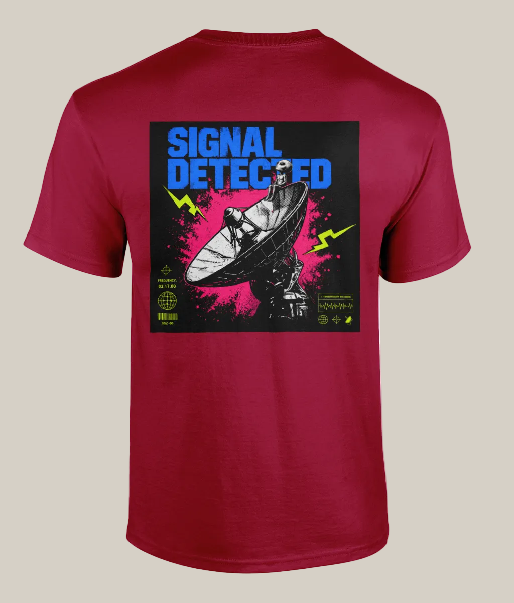 Red t-shirt with a graphic design on the back featuring 'Signal Detected' text and a satellite dish.