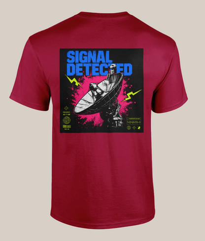 Red t-shirt with a graphic design on the back featuring 'Signal Detected' text and a satellite dish.