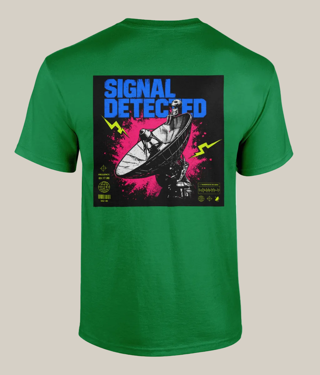 Green t-shirt with a graphic design on the back featuring text 'Signal Detected' and a person in a boat.