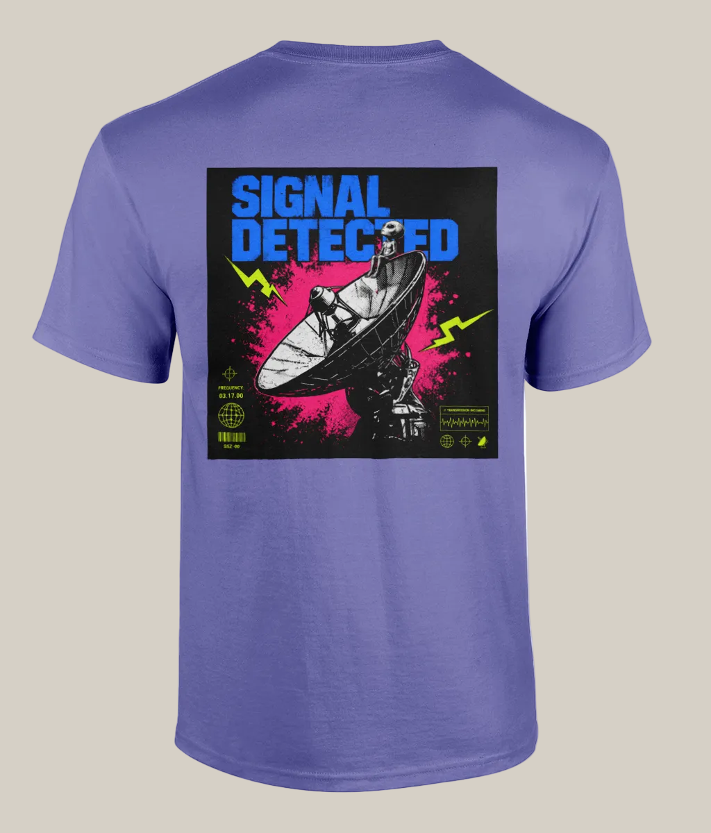 Purple t-shirt with a graphic design on the back featuring a person with a satellite dish and 'Signal Detected' text.