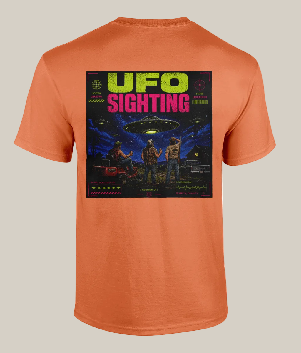 Orange t-shirt with a UFO sighting graphic on the back