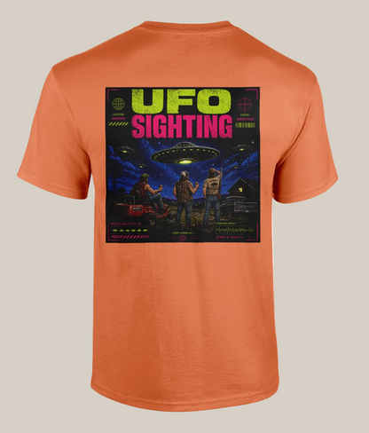 Orange t-shirt with a UFO sighting graphic on the back